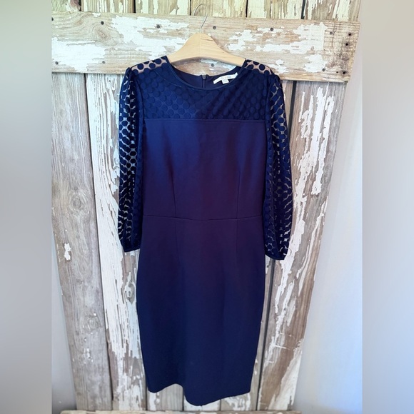 BODEN Electra Ponte Knit Midi Dress Navy Blue Polka Dot Semi Sheer Upper size 8 - Picture 4 of 11